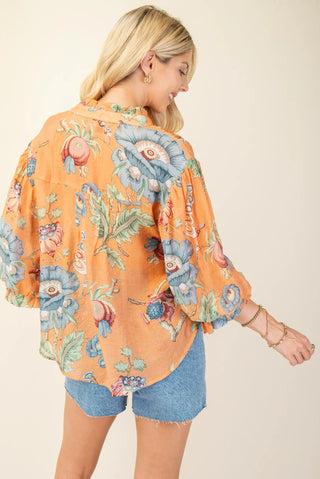 Burt Orange Floral Gauze Button-Up Top with 3/4 Balloon Sleeves