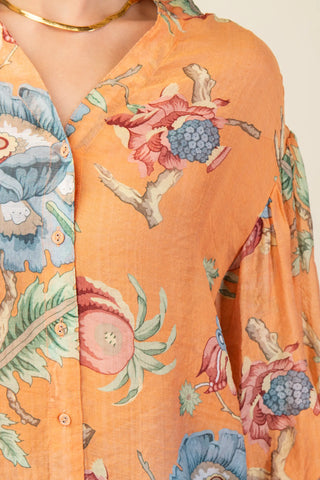 Burt Orange Floral Gauze Button-Up Top with 3/4 Balloon Sleeves