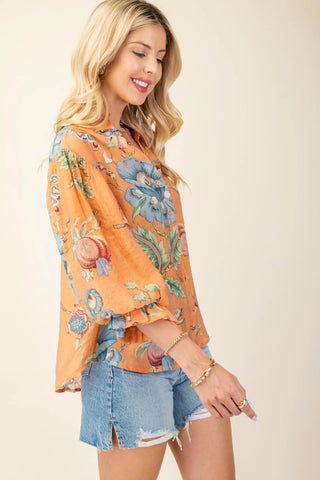 Burt Orange Floral Gauze Button-Up Top with 3/4 Balloon Sleeves