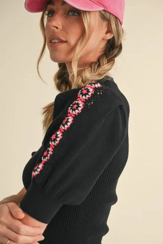 Ribbed Crochet Trim Puff Sleeve Sweater