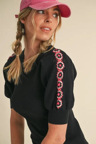 Ribbed Crochet Trim Puff Sleeve Sweater