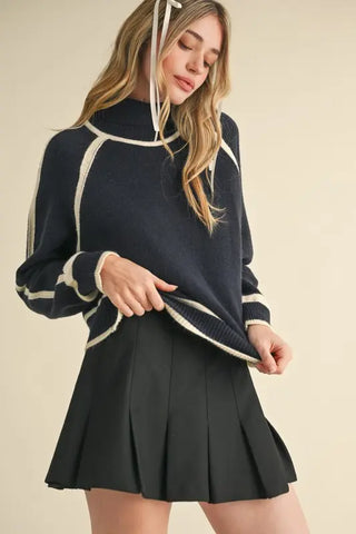 Contrast Trim Turtleneck Sweater Navy