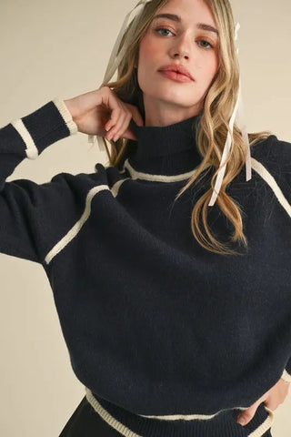 Contrast Trim Turtleneck Sweater Navy