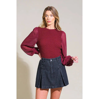 Boatneck Textured Top w/ Chiffon Sleeve Burgundy