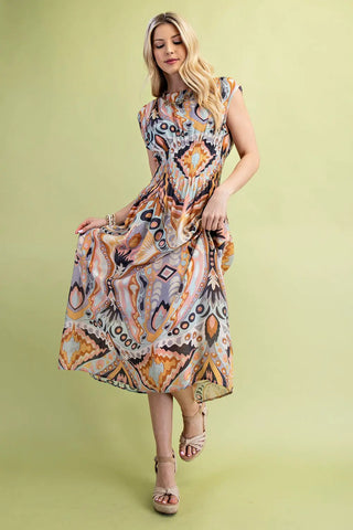 Cap Sleeve Pintuck Midi Dress Rust