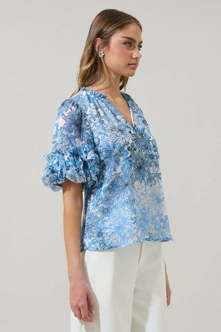 Tierra Floral Endry Ruffle Blouse, BLUES