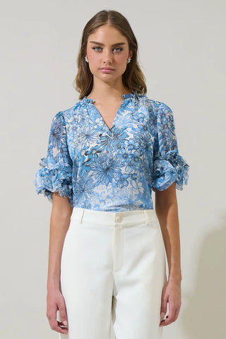 Tierra Floral Endry Ruffle Blouse, BLUES