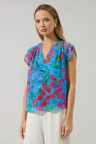 Finy Floral Souris Pleated Blouse, Blue Pink