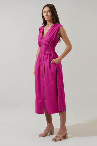 Joslyn Two-Way Zipper Midi Dress with Pockets Magenta
