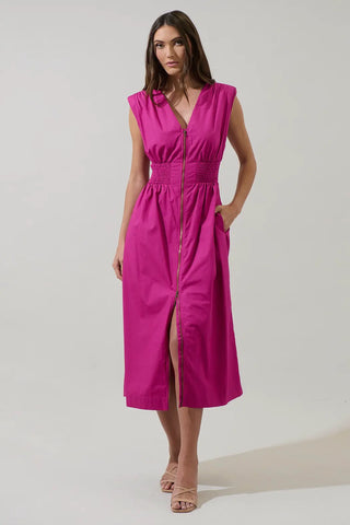 Joslyn Two-Way Zipper Midi Dress with Pockets Magenta