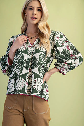Quarter Sleeve V-Neck Top with RicRac Trim Olive Leaf Print