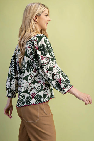 Quarter Sleeve V-Neck Top with RicRac Trim Olive Leaf Print