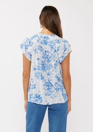 Floral Split Neck Blouse Double Ruffle Short Sleeve Top Dusty Blue