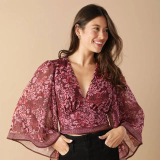 Kimono Sleeve Plunge Floral Crop Top Ruby