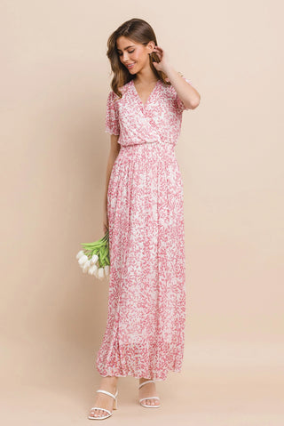 Floral Faux Wrap Stretchy Mesh Maxi Dress Ivory/Blush