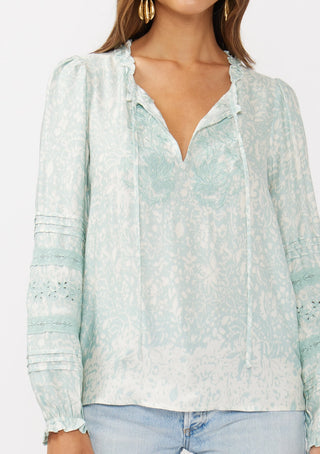 Light Teal Floral Split Neck Long Sleeve Blouse w/ Embroidered Cut Work