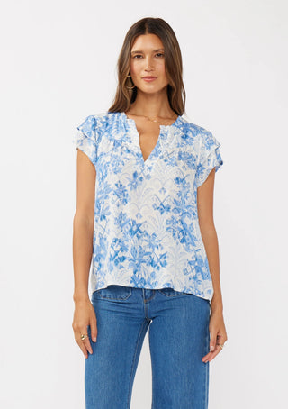 Floral Split Neck Blouse Double Ruffle Short Sleeve Top Dusty Blue