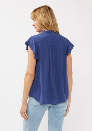 Flutter Eyelet Sleeve Rayon Button Down Blouse Ink Blue