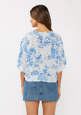 Floral Tie Front V-Neck Short Sleeve Blouse Button Down Blue White