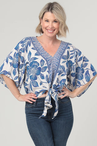 Kimono Sleeve Top with Tie Waist Ivory and Blue Floral Blouse