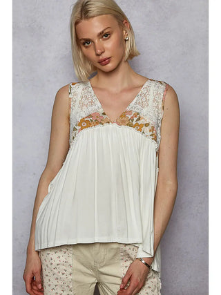 Sleeveless Knit Flowy Top with Contrasting Rayon Floral and Lace Trim
