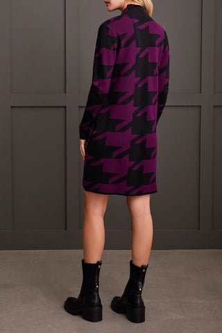 Tribal Funnel Neck Jacquard Sweater Dress Oversized Herringbone , Dark Plum