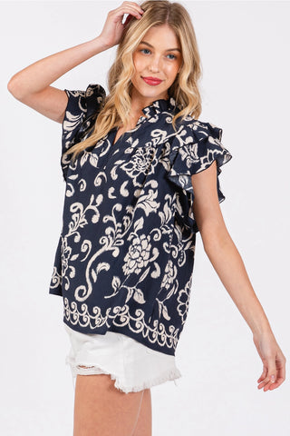 Solid Floral Ruffled V-Neck Blouse Navy