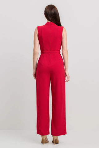 Mock Neck Crepe Red Jumpsuit w/ Gold Buttons