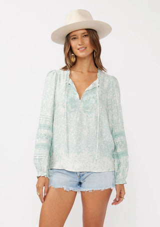 Light Teal Floral Split Neck Long Sleeve Blouse w/ Embroidered Cut Work