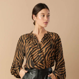 Zebra Print Chiffon Top Partial Button