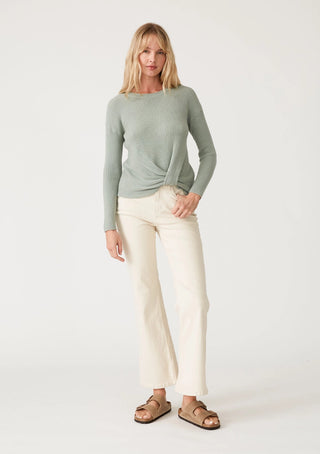 Waffle Knit Sweater Long Sleeve Pullover with Faux Knot, Dusty Sage