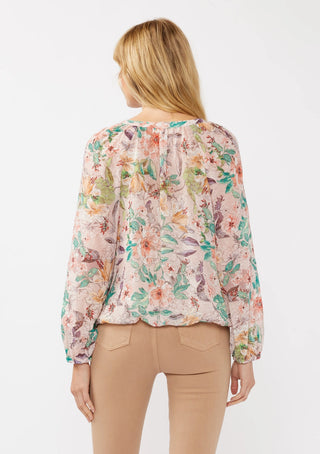 Pastel Floral Bohemian Blouse Cinch Hem and Buttons Dusty Peach