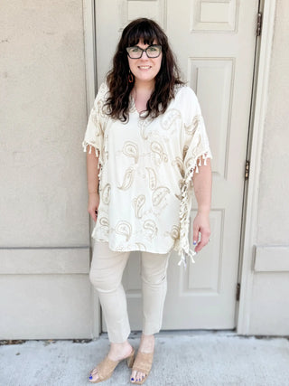 One Size Gold Embroidered Paisley Lightweight Poncho with Tassels Ivory Beach Cover Up