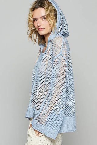 Star Printed Crochet Sweater with Hood and Step Hem Blue