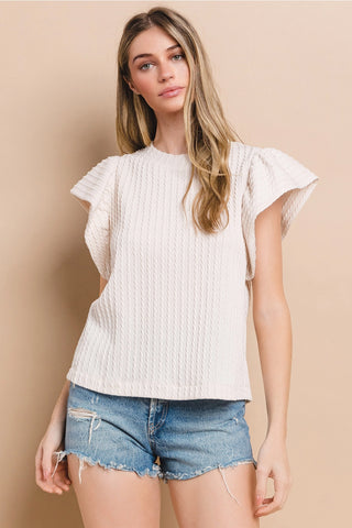 Flutter Sleeve Top Ivory Textured Knit