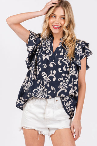 Solid Floral Ruffled V-Neck Blouse Navy