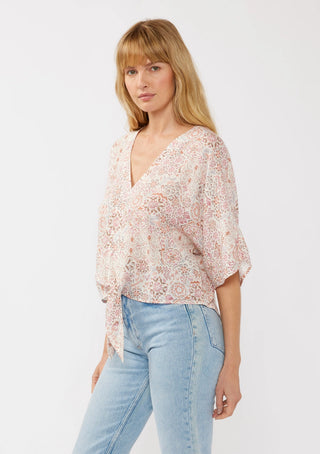 Short Sleeves Kimono Tie-Front Top Natural/Dusty Pink