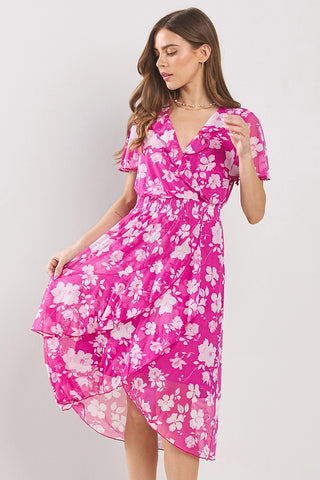 Mesh Faux Wrap Floral High Low Ruffled Dress Fuchsia