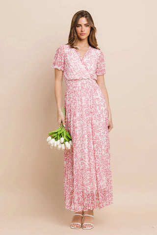 Floral Faux Wrap Stretchy Mesh Maxi Dress Ivory/Blush