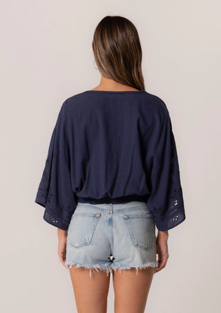 Kimono Sleeve Cropped Embroidered Eyelet Blouse Navy