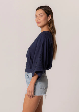 Kimono Sleeve Cropped Embroidered Eyelet Blouse Navy