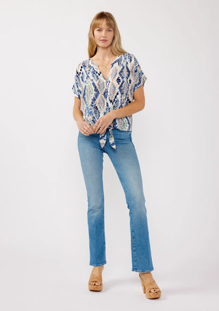 Blue Pastel Ikat Short Sleeve Top Button-Down Blouse