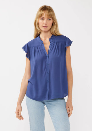 Flutter Eyelet Sleeve Rayon Button Down Blouse Ink Blue