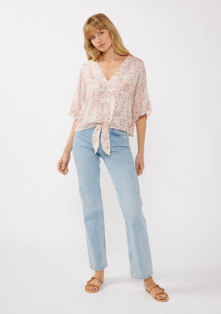 Short Sleeves Kimono Tie-Front Top Natural/Dusty Pink