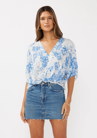 Floral Tie Front V-Neck Short Sleeve Blouse Button Down Blue White