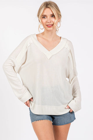 Reverse Seam Comfort Fit V-Neck Long Sleeve TopOff White