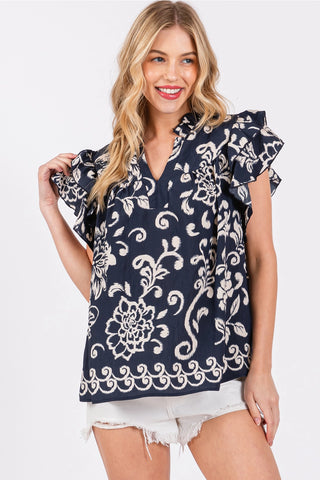 Solid Floral Ruffled V-Neck Blouse Navy