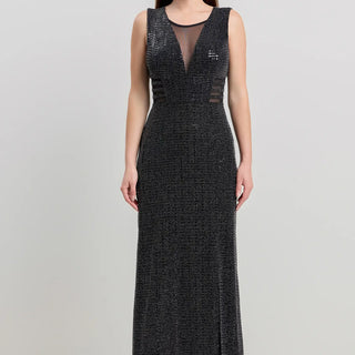 Mesh Glitter Black Gown  w/ Side Cut Outs