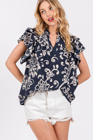 Solid Floral Ruffled V-Neck Blouse Navy