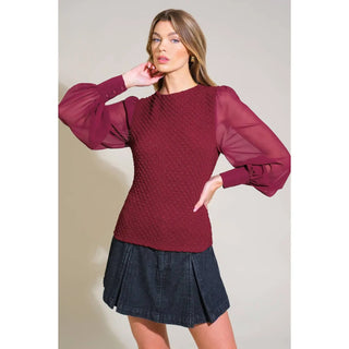 Boatneck Textured Top w/ Chiffon Sleeve Burgundy